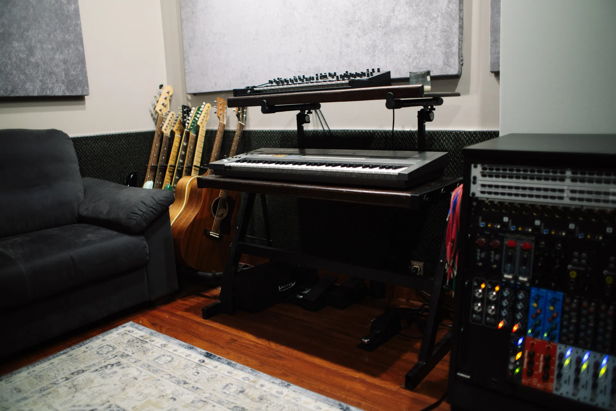 Live room with keyboards and guitars